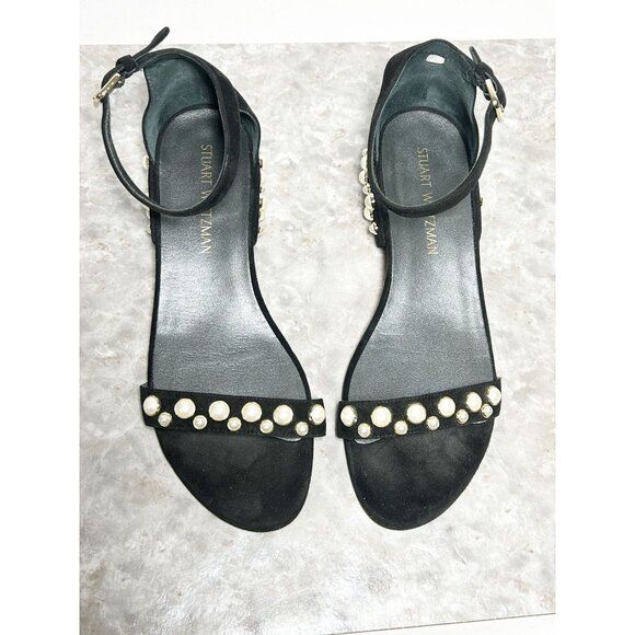 Stuart Weitzman Allpearls Suede Block Heel Sandal in Black - Sz 9 - Picture 3 of 10